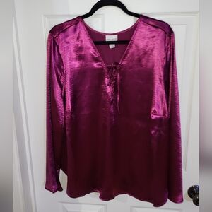 Ava & Viv Deep Purple/Maroon/Burgandy V-Neck With A Tie Blouse